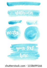 Set of watercolor stain. Spots on a white background. Watercolor texture with brush strokes. Round, rectangle, spot. Blue, turquoise. The sky. Vector. Isolated.