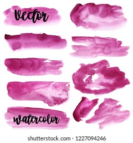 Set of watercolor stain. Spots on a white background. Watercolor texture with brush strokes. Burgundy, wine. Isolated. Vector.