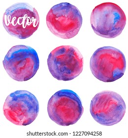 Set of watercolor stain. Spots on a white background. Watercolor texture with brush strokes. Round, spot. Blue, red, pink, purple. Graphics, design, pattern. Isolated. Vector.