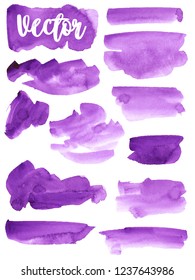Set of watercolor stain. Spots on a white background. Watercolor texture with brush strokes. Purple, violet. Isolated. Vector.