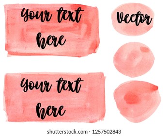 Set of watercolor stain. Spots on a white background. Watercolor texture with brush strokes. Round, rectangle, spot.  Red, orange. Peach, coral. Vector. Isolated.