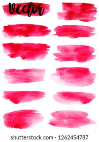 Set of watercolor stain. Spots on a white background. Watercolor texture with brush strokes. Red, pink.  Isolated. Vector.