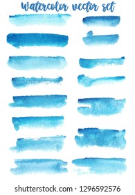 Set of watercolor stain. Spots on a white background. Watercolor texture with brush strokes. Blue, turquoise. The sky.  Isolated. Vector.