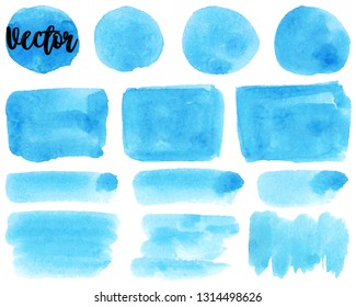 Set of watercolor stain. Spots on a white background. Watercolor texture with brush strokes. Blue, turquoise. Sea, sky. Circle, rectangle, spot. Isolated. Vector.
