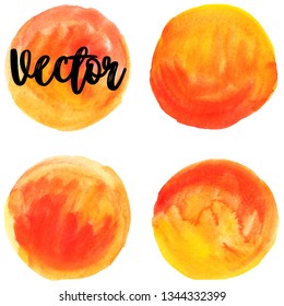 Set of watercolor stain. Spots on a white background. Watercolor texture with brush strokes. Red, orange, yellow. Sunset. Circle. Ombre. Isolated. Vector.