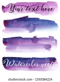 Set of watercolor stain. Spots on a white background. Watercolor texture with brush strokes. Blue, purple, violet, red, pink. Isolated. Vector.