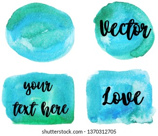 Set of watercolor stain. Spots on a white background. Watercolor texture with brush strokes. Round, rectangle, spot. Blue, turquoise, green, emerald. Vector. Isolated.