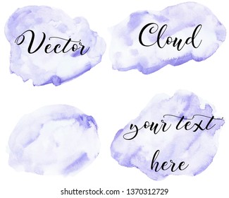 Set of watercolor stain. Spots on a white background. Watercolor texture with brush strokes. Abstraction. Soft, cloud. Lavender, purple, pastel. Vector. Isolated.