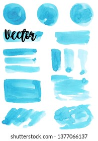 Set of watercolor stain. Spots on a white background. Watercolor texture with brush strokes. Circle, spot, strip, rectangle. Abstraction. Blue, turquoise. The sky. Isolated. Vector.