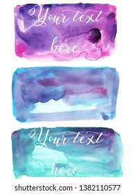 Set of watercolor stain. Spots on a white background. Watercolor texture with brush strokes. Rectangle. Burgundy, pink, purple, blue, turquoise. Isolated. Vector.