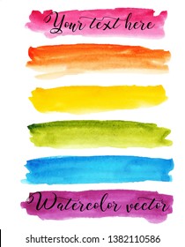 Set watercolor stain. Spots on a white background. Watercolor texture with brush strokes.  Stripes. Rainbow. Red, pink, orange, yellow, green, blue, burgundy. Isolated. Vector.