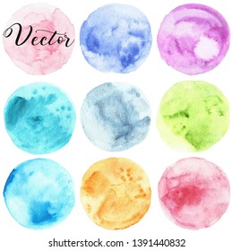 Set of watercolor stain. Spots on a white background. Pink, purple, gray, turquoise, red, gray, orange, green. Pastel, soft. Round, circle. Watercolor texture with brush strokes. Isolated. Vector.