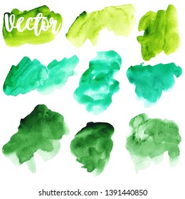 Set of watercolor stain. Spots on a white background. Green, emerald. Watercolor texture with brush strokes. Isolated. Vector.