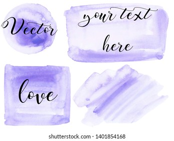Set of watercolor stain. Spots on a white background. Rectangle, spot, circle, square. Abstract. Purple, lilac. Lavender. Pastel color. Isolated. Vector.