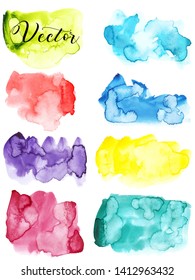 Set of watercolor stain. Spots on a white background. Watercolor texture with brush strokes. Green, blue, turquoise, red, yellow, purple, burgundy. Abstraction. Isolated. Vector.