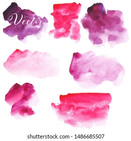 Set of watercolor stain. Spots on a white background. Burgundy, purple, pink, red. Abstract watercolor texture. Isolated. Vector.