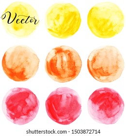 Set of watercolor stain. Spots on a white background. Watercolor texture with brush strokes. Circle. Red, orange, yellow. Isolated. Vector.