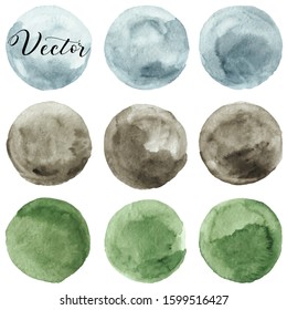 Set of watercolor stain. Spots on a white background. Watercolor texture with brush strokes. Vector. Circle. Gray, brown, green. Natural. Isolated. 