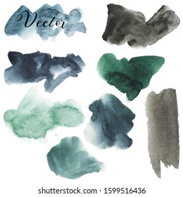 Set of watercolor stain. Spots on a white background. Watercolor texture with brush strokes. Vector. Gray, brown, green, blue. Natural. Isolated. 