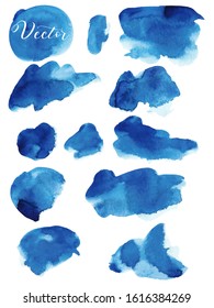 Set of watercolor stain. Spots on a white background. Watercolor texture with brush strokes. Round, spot. Classic blue. Sea, sky. Isolated. Vector.