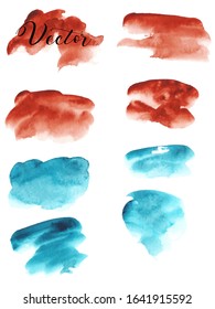 Set watercolor stain. Spots on a white background. Blue, red. Bright. Abstract watercolor texture. Isolated. Vector.