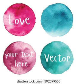 Set of watercolor stain. Spots on a white background. Circle. Pink, maroon, blue, turquoise. Vector.
