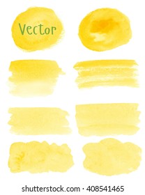 Set of watercolor stain. Spots on a white background. Round, rectangle, spot. Yellow color. Isolated spots. Vector.