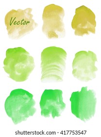 Set of watercolor stain. Spots on a white background. Yellow, green, olive. Canvas. Vector.