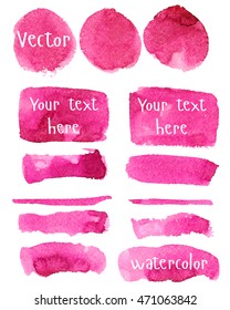 Set of watercolor stain. Spots on a white background. Round, rectangle, strip. Pink color. Vector.