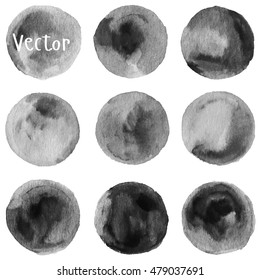 Set of watercolor stain. Spots on a white background. Round. Black, grey. Isolated spots. Vector.