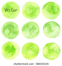 Set of watercolor stain. Spots on a white background. Round. Green. Isolated spots. Vector.