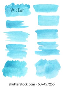 Set of watercolor stain. Spots on a white background. Watercolor texture with brush strokes. Spot, frame. Blue, turquoise. Isolated. Vector.