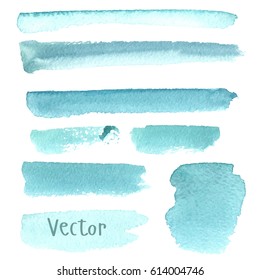 Set of watercolor stain. Spots on a white background. Watercolor texture with brush strokes. Strip, stain. Blue, turquoise. Isolated. Vector.