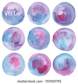 Set of watercolor stain. Spots on a white background. Watercolor texture with brush strokes. Circle. Blue, pink, purple. Isolated spots. Vector.