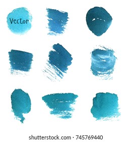 Set of watercolor stain. Spots on a white background. Watercolor texture with brush strokes. Blue, turquoise. The sky. Vector. Isolated.