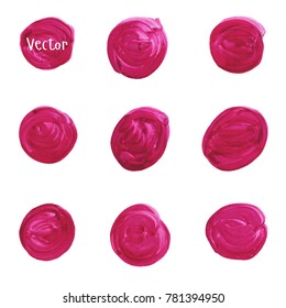 Set of watercolor stain. Spots on a white background. Watercolor texture with brush strokes. Circle. Burgundy, pink. Isolated. Vector.