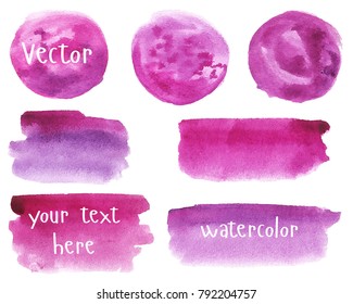 Set of watercolor stain. Spots on a white background. Watercolor texture with brush strokes. Round, rectangle, spot. Burgundy, pink, purple. Wine, berry. Vector. Isolated.