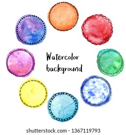 Set of watercolor stains with hand-drawn doodle frames. Vintage artistic background isolated on white