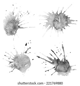 Set of watercolor stains on white background, abstract blots isolated. Bright colors, divorces. Vector