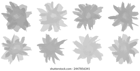 Set of watercolor stains in the shape of a daisy flower, a snowflake or a star in gray tones for overlay. 8 different hand drawn vector illustrations isolated on transparent background