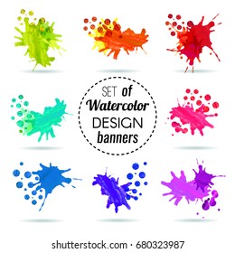 Set of watercolor stains, smudges and stains. Red watercolor banner.  Color palette. Abstract watercolor background. Vector illustration.  