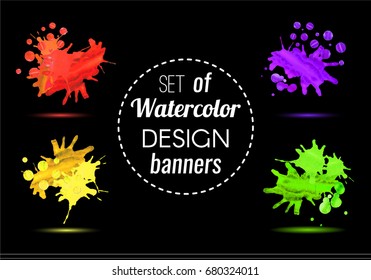 Set of watercolor stains, smudges and stains. Red watercolor banner.  Color palette. Abstract watercolor background. Vector illustration.  