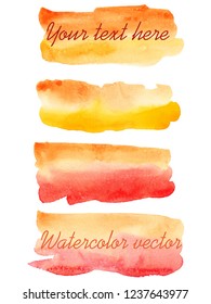 Set of watercolor stains. Spots on a white background. Watercolor backgrounds. Watercolor texture with brush strokes. Red, orange, yellow. Abstraction. Isolated. Vector.