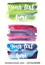 Set of watercolor stains. Spots on a white background. Watercolor backgrounds. Watercolor texture with brush strokes. Green, red, blue, black, gray. Strips. Abstraction. Isolated. Vector.