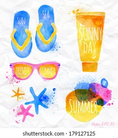 Set watercolor starfish, pink sunglasses, flip flop, sandals, spot lettering trendy summer on a background of crumpled paper.