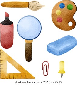 Set of Watercolor Stationery Illustration. School Equipment. Back to School. Elementary.