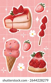 set watercolor strawberry cake vector illustration art