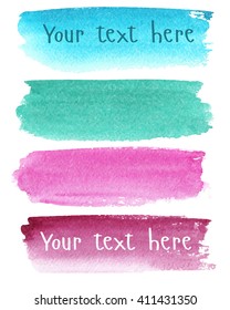  Set of watercolor stripes. Spots on a white background. Watercolor texture. Blue, turquoise, pink, burgundy. Vector.