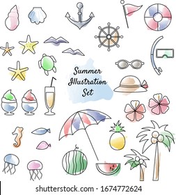 Set of watercolor summer illustration. 