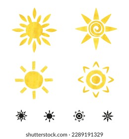 Set of watercolor sun icons. Collection of sun symbols. Vector illustration